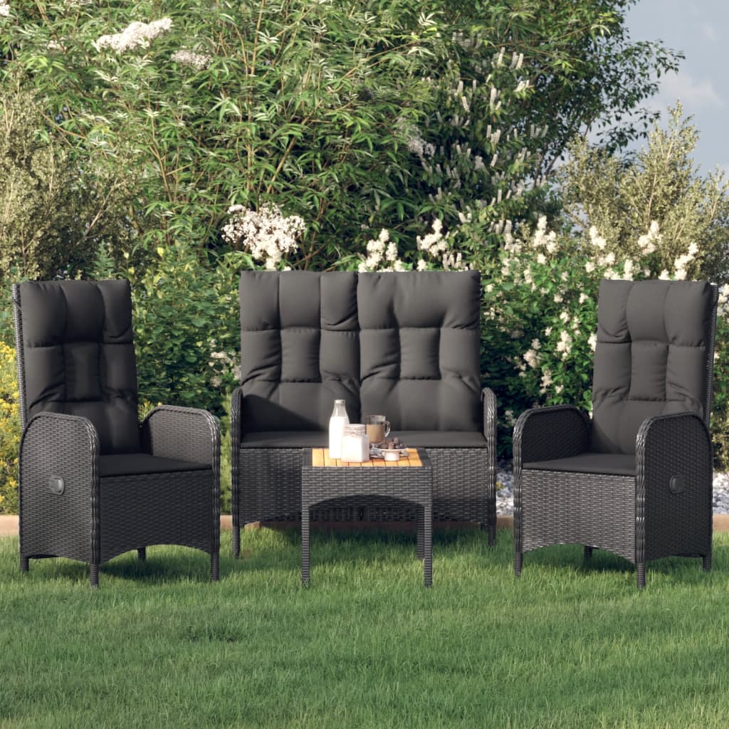 vidaXL 4 Piece Patio Dining Set with Cushions Black Poly Rattan-0