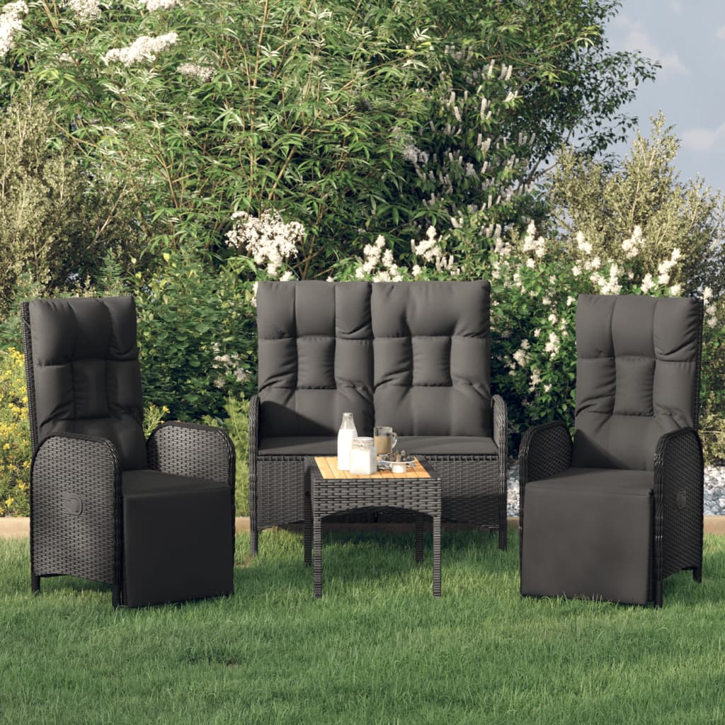 vidaXL 4 Piece Patio Dining Set with Cushions Black Poly Rattan-0