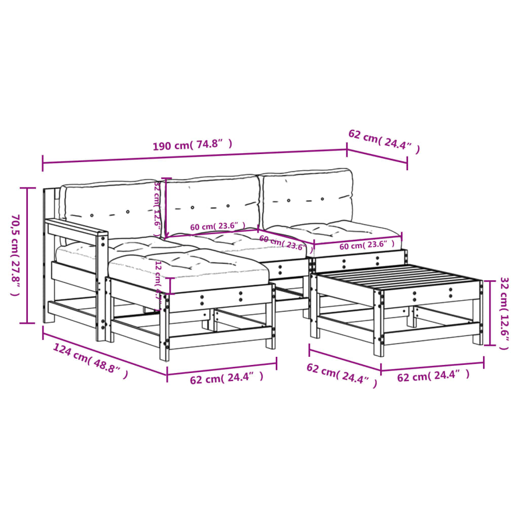 vidaXL 5 Piece Patio Lounge Set with Cushions Solid Wood-14