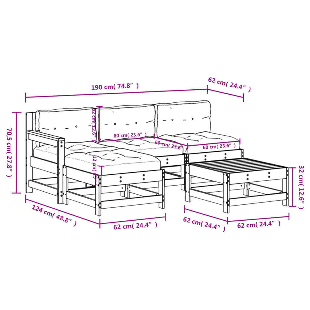 vidaXL 5 Piece Patio Lounge Set with Cushions Solid Wood-11