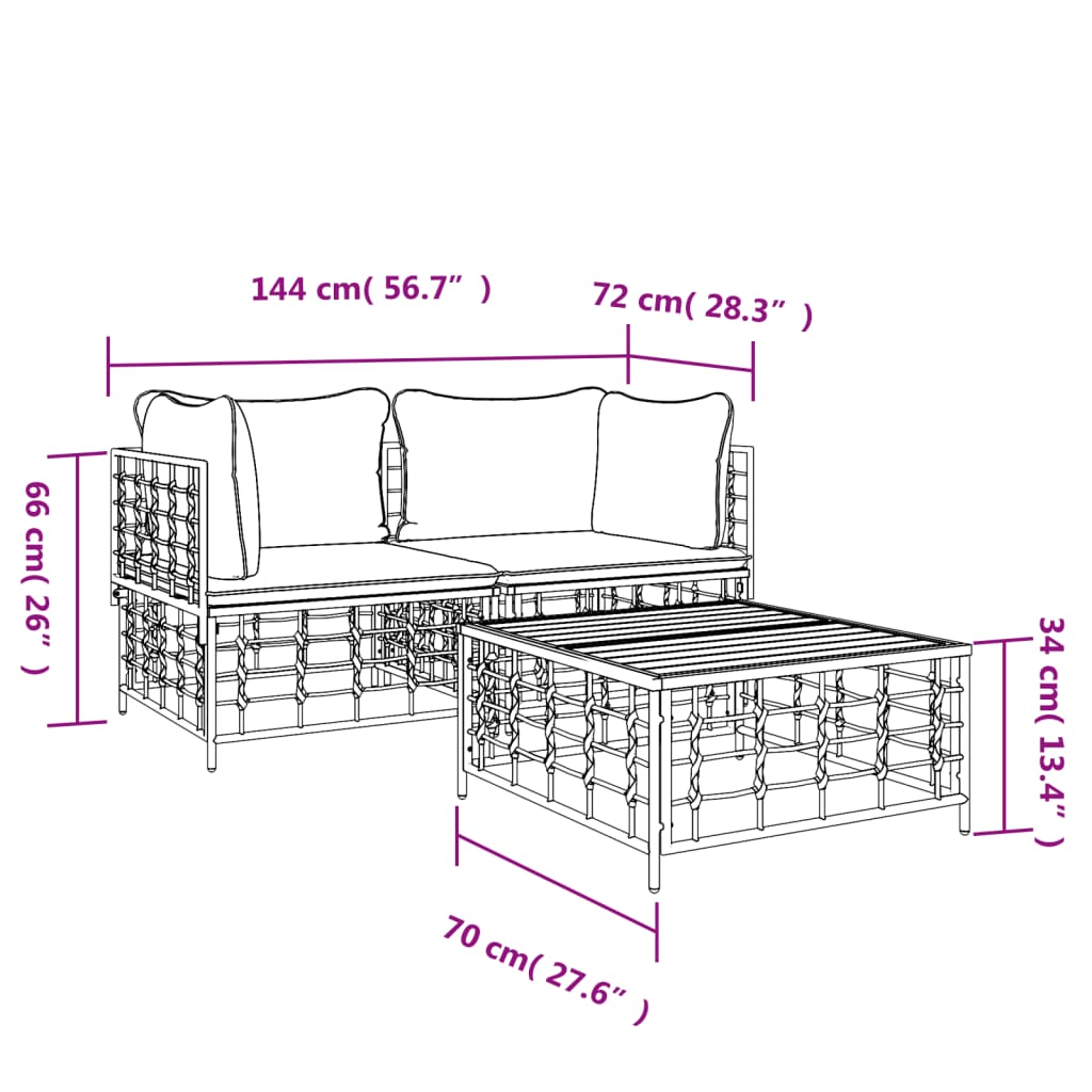 vidaXL 3 Piece Patio Lounge Set with Cushions Anthracite Poly Rattan-6