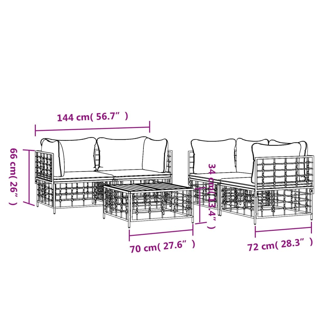 vidaXL 5 Piece Patio Lounge Set with Cushions Anthracite Poly Rattan-6