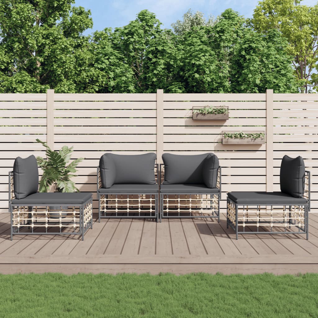 vidaXL 4 Piece Patio Lounge Set with Cushions Anthracite Poly Rattan-0