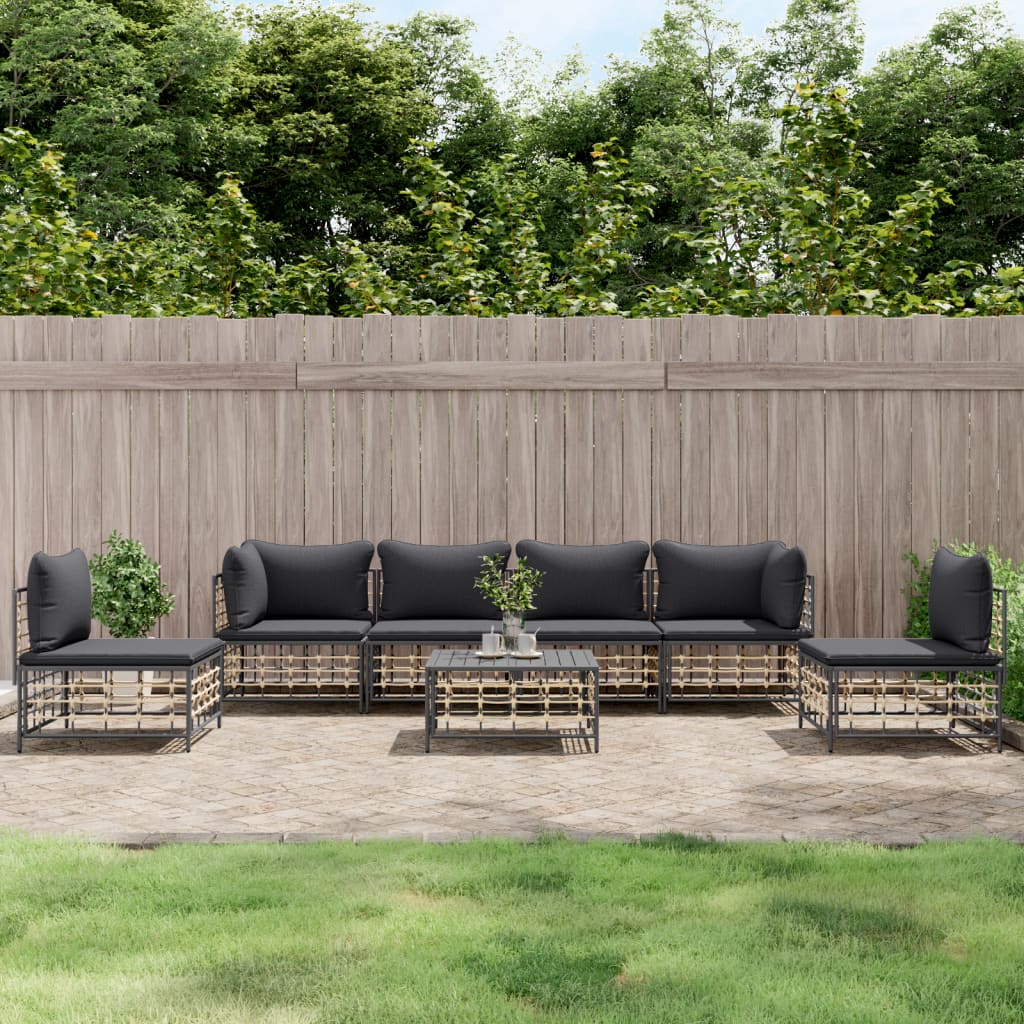 vidaXL 7 Piece Patio Lounge Set with Cushions Anthracite Poly Rattan-0