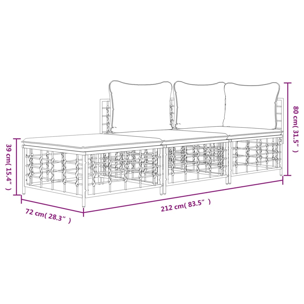 vidaXL 3 Piece Patio Lounge Set with Cushions Anthracite Poly Rattan-7