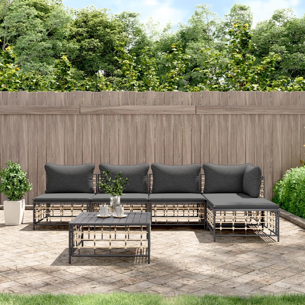 vidaXL 6 Piece Patio Lounge Set with Cushions Anthracite Poly Rattan-0