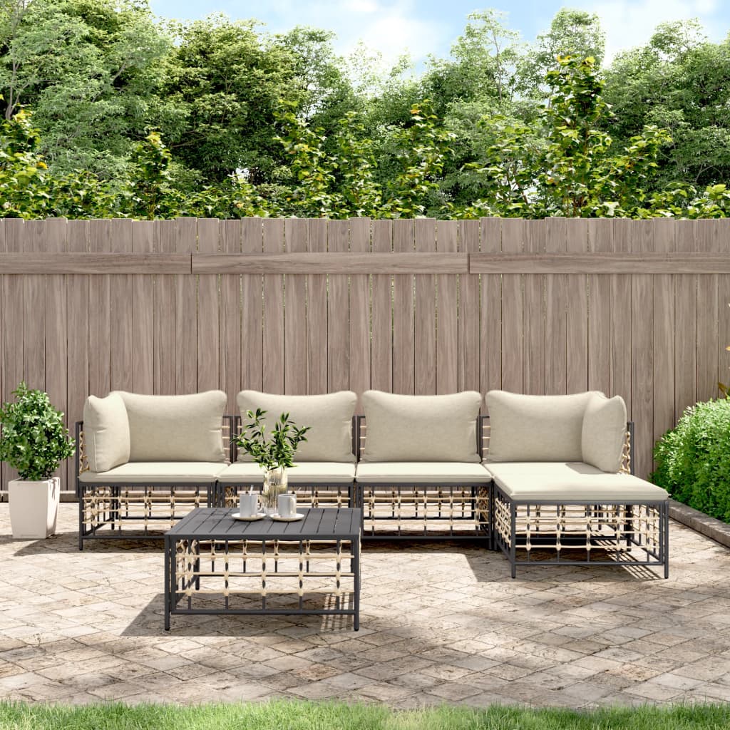 vidaXL 6 Piece Patio Lounge Set with Cushions Anthracite Poly Rattan-0