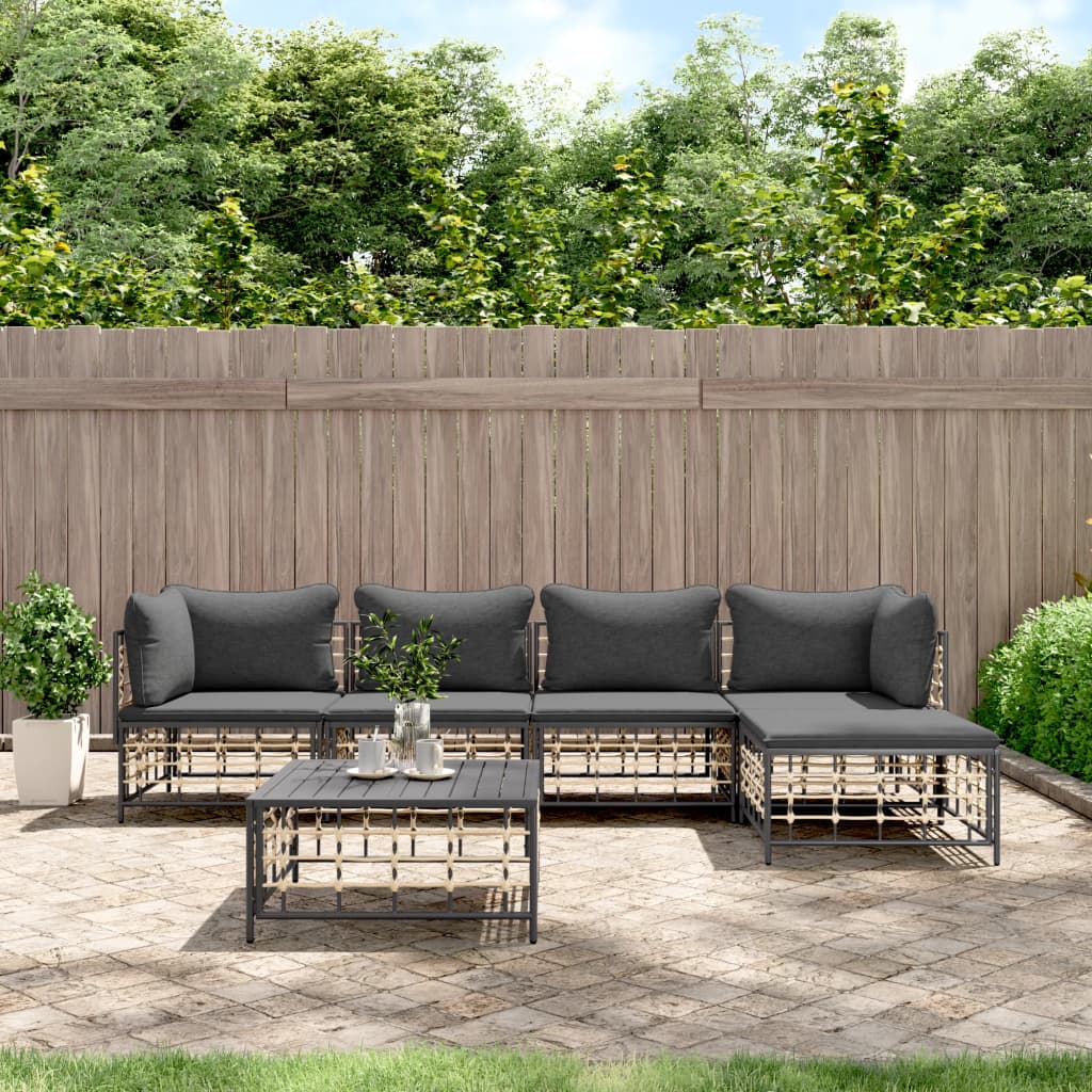 vidaXL 6 Piece Patio Lounge Set with Cushions Anthracite Poly Rattan-0