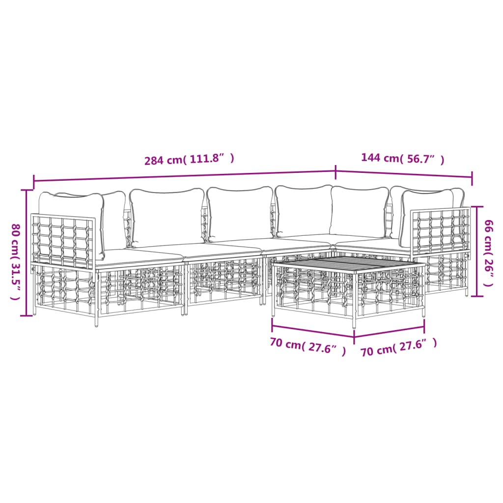 vidaXL 6 Piece Patio Lounge Set with Cushions Anthracite Poly Rattan-7