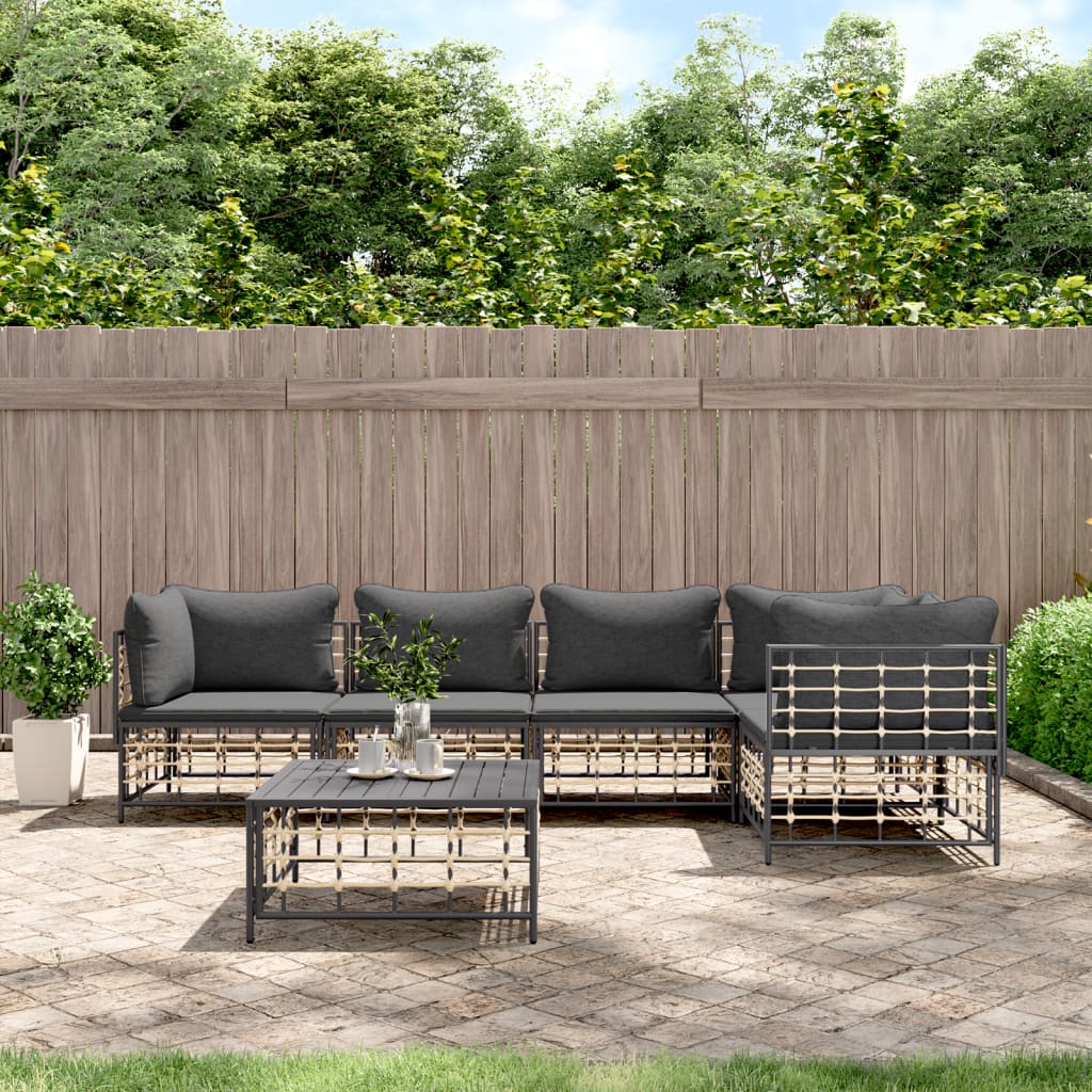 vidaXL 6 Piece Patio Lounge Set with Cushions Anthracite Poly Rattan-0