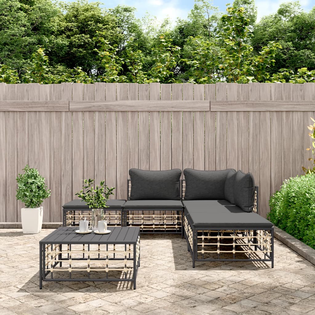 vidaXL 6 Piece Patio Lounge Set with Cushions Anthracite Poly Rattan-0