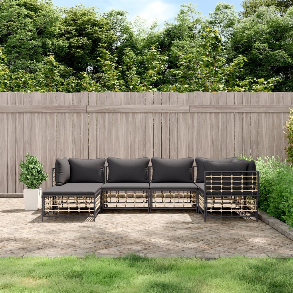 vidaXL 6 Piece Patio Lounge Set with Cushions Anthracite Poly Rattan-0