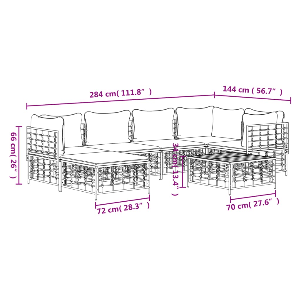 vidaXL 7 Piece Patio Lounge Set with Cushions Anthracite Poly Rattan-7