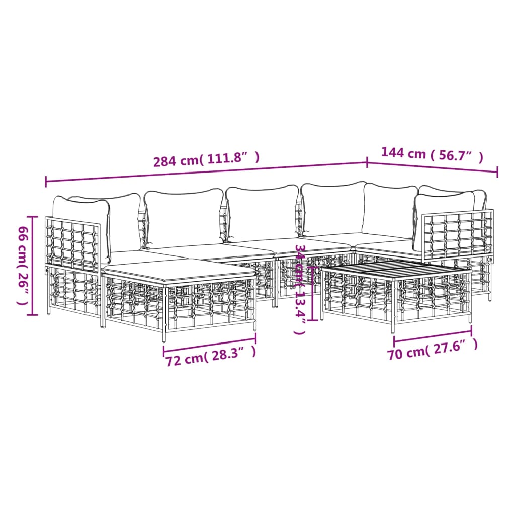 vidaXL 7 Piece Patio Lounge Set with Cushions Anthracite Poly Rattan-7