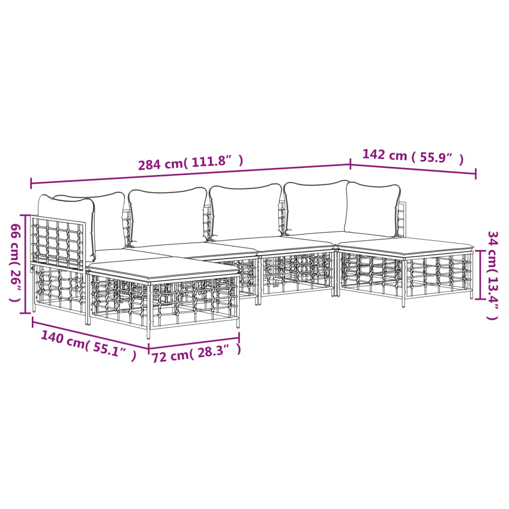 vidaXL 6 Piece Patio Lounge Set with Cushions Anthracite Poly Rattan-7