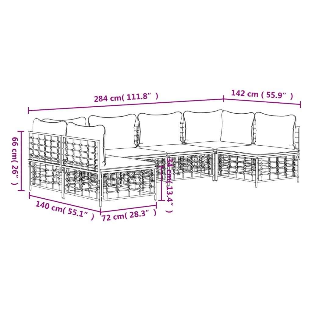 vidaXL 6 Piece Patio Lounge Set with Cushions Anthracite Poly Rattan-6