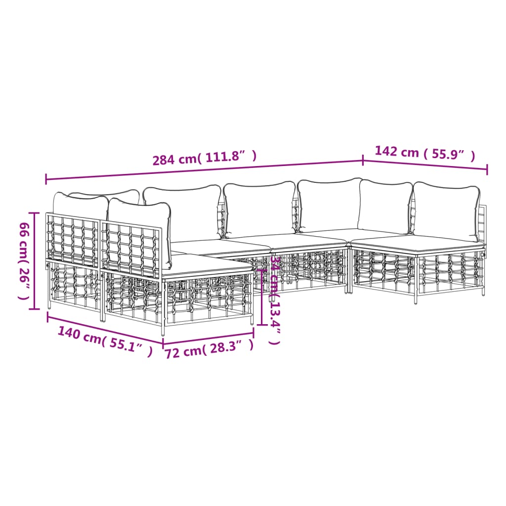 vidaXL 6 Piece Patio Lounge Set with Cushions Anthracite Poly Rattan-6