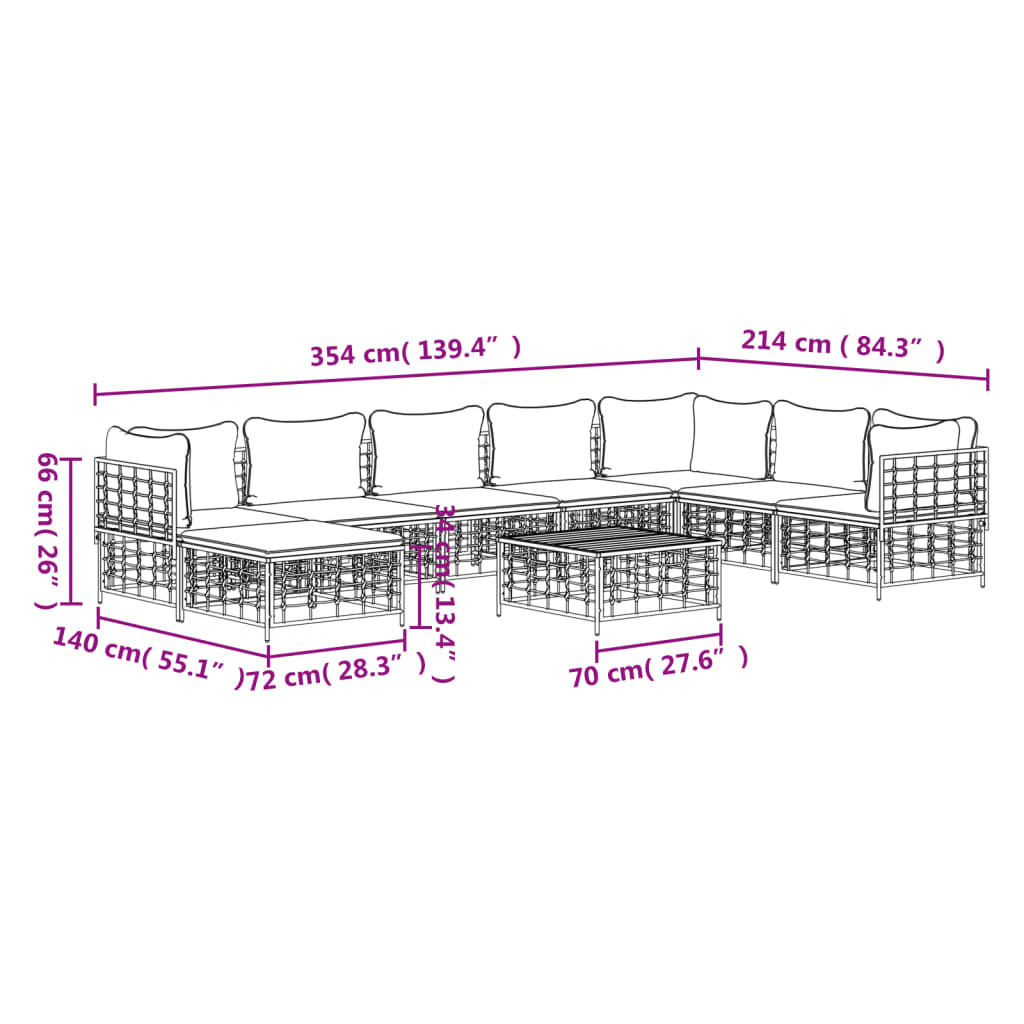 vidaXL 9 Piece Patio Lounge Set with Cushions Anthracite Poly Rattan-7