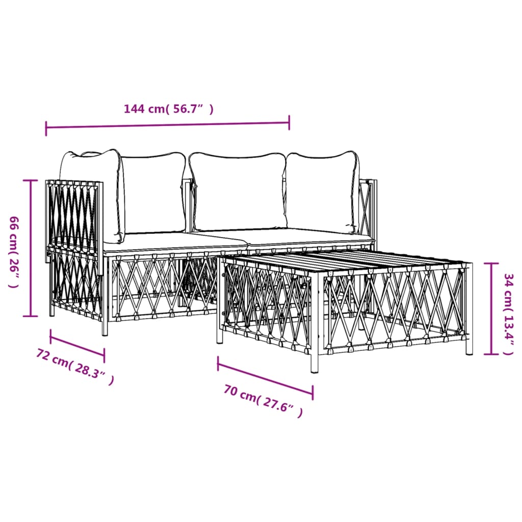 vidaXL 3 Piece Patio Lounge Set with Cushions White Steel-6