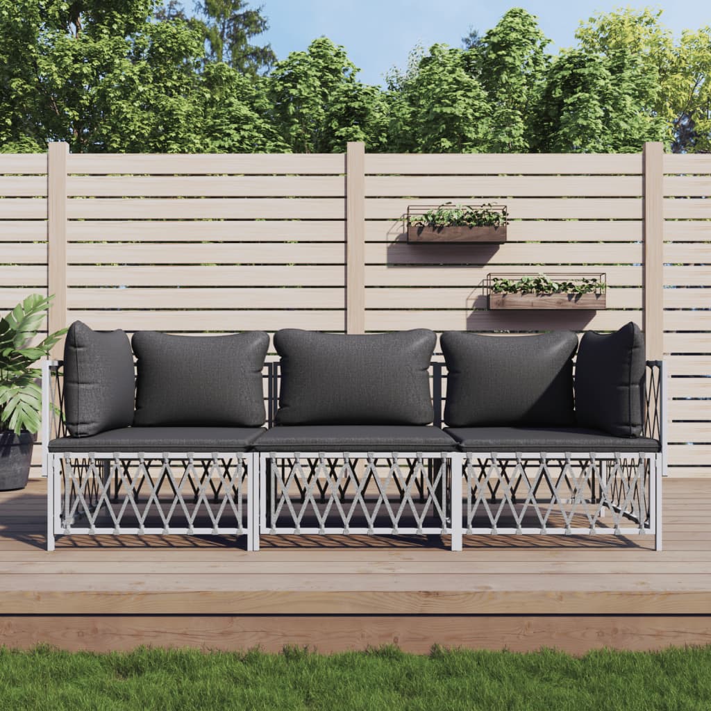 vidaXL 3 Piece Patio Lounge Set with Cushions White Steel-0