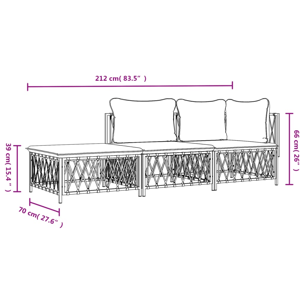 vidaXL 3 Piece Patio Lounge Set with Cushions White Steel-7