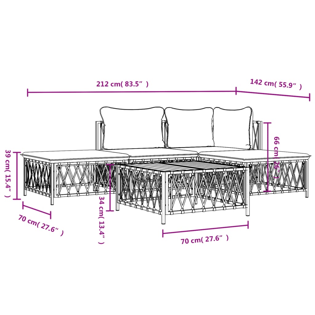 vidaXL 5 Piece Patio Lounge Set with Cushions White Steel-7