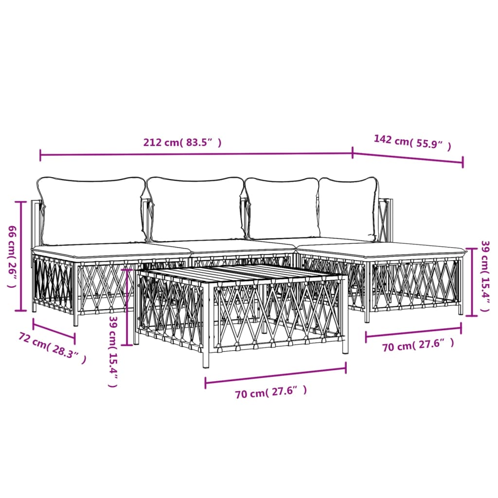 vidaXL 5 Piece Patio Lounge Set with Cushions White Steel-7