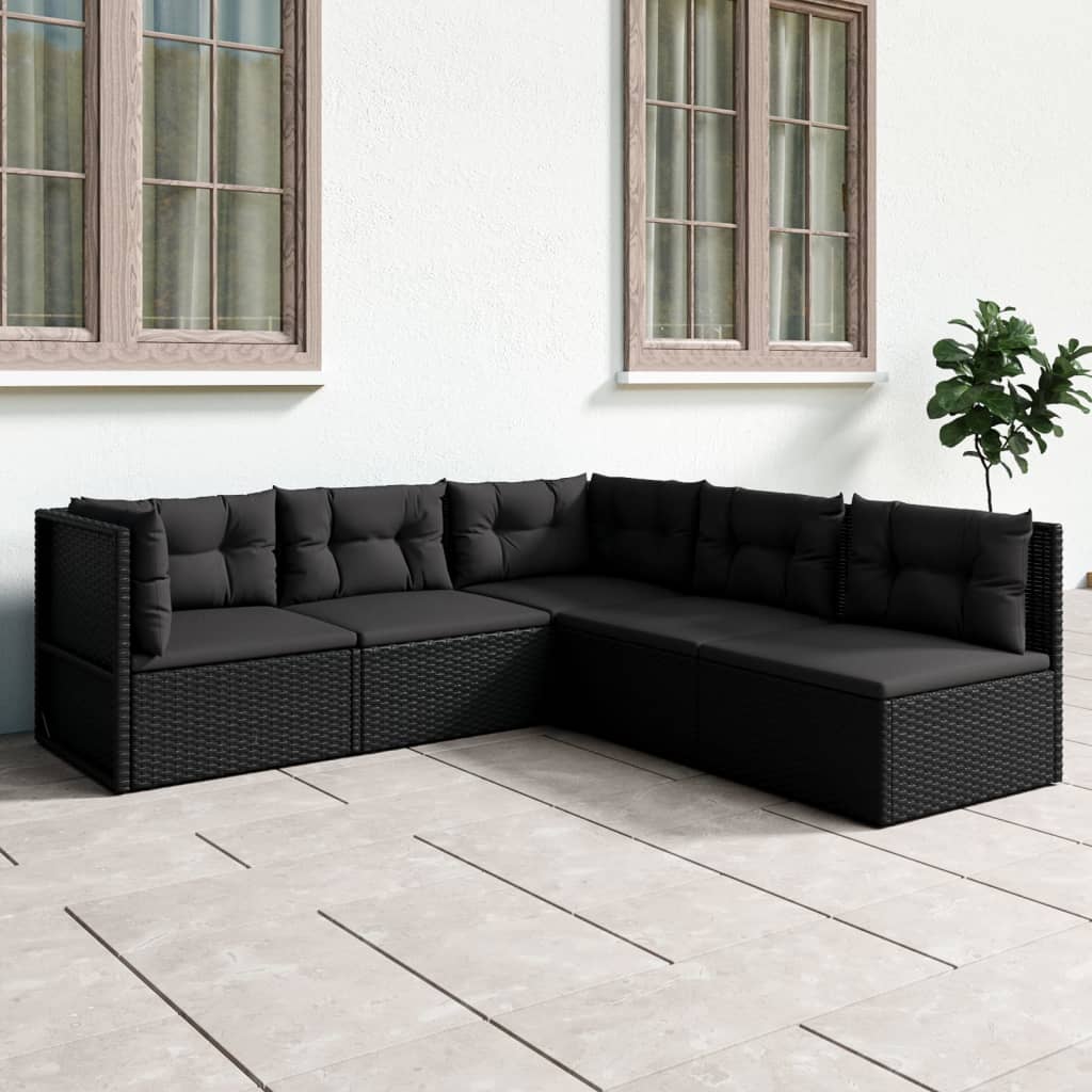 vidaXL 5 Piece Patio Lounge Set with Cushions Black Poly Rattan-0