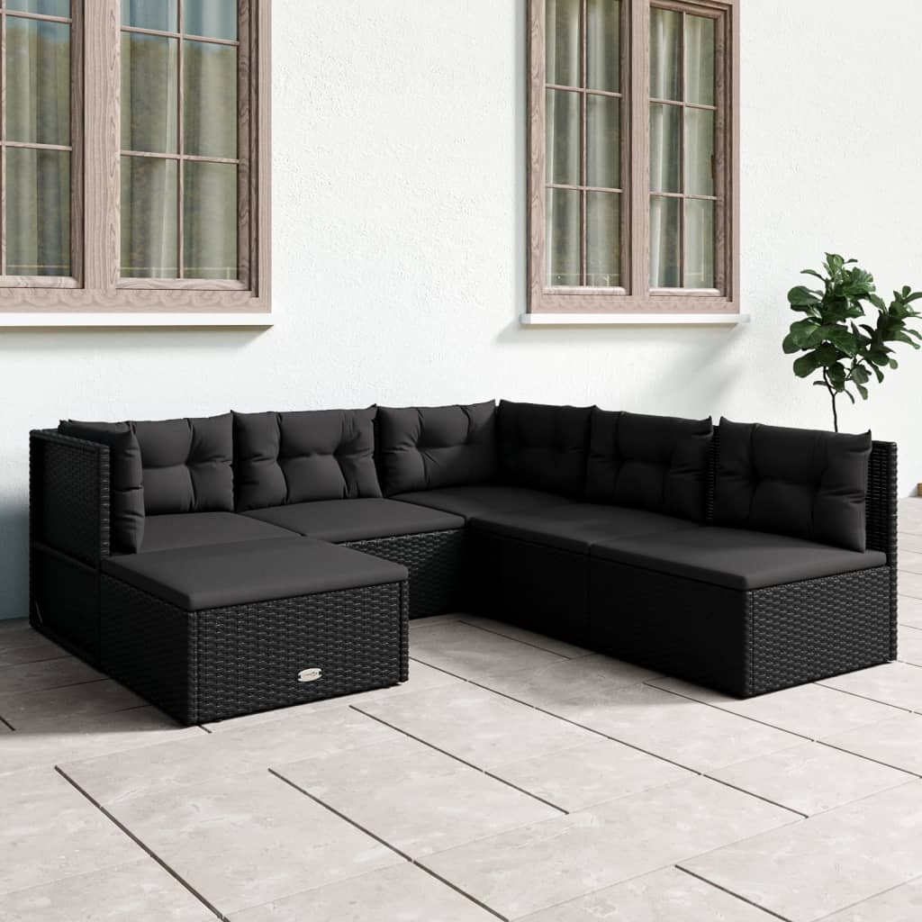 vidaXL 6 Piece Patio Lounge Set with Cushions Black Poly Rattan-0