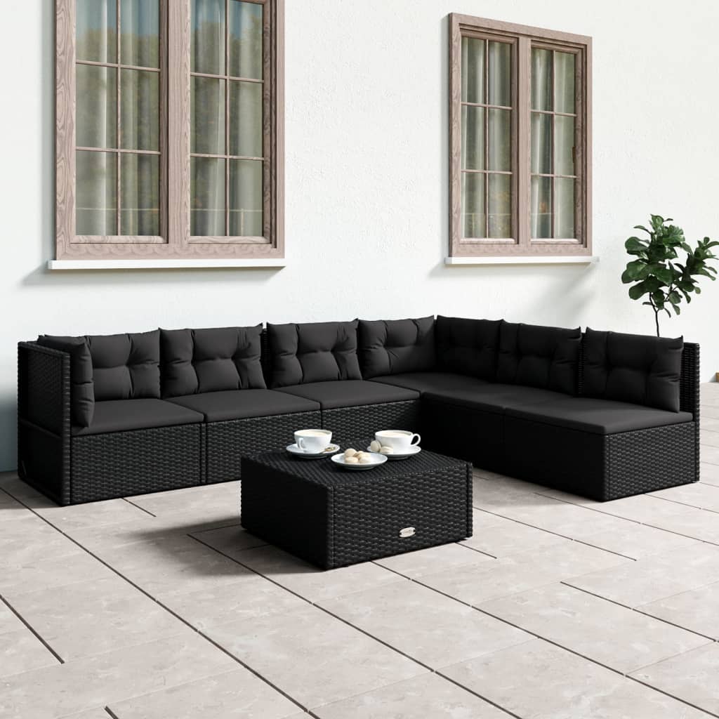 vidaXL 6 Piece Patio Lounge Set with Cushions Black Poly Rattan-0