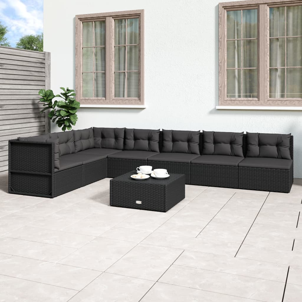 vidaXL 7 Piece Patio Lounge Set with Cushions Black Poly Rattan-0