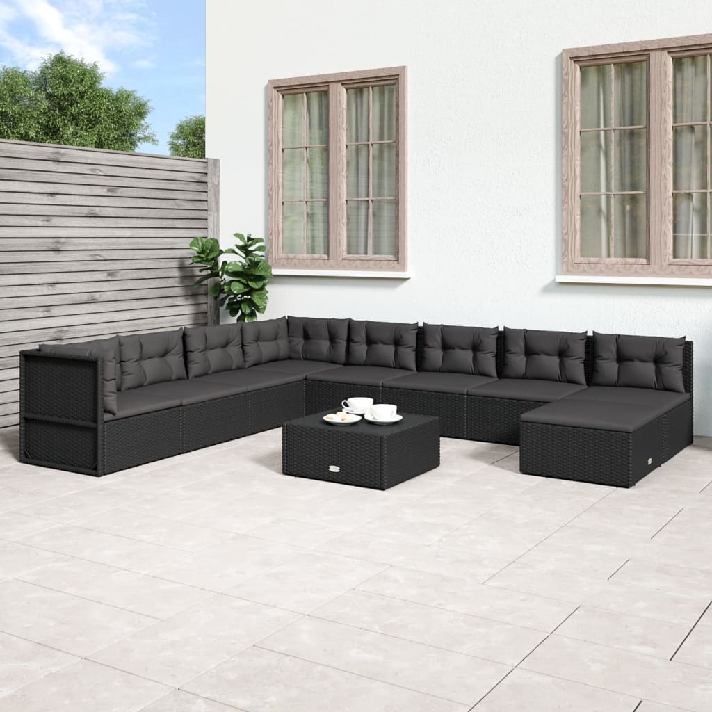 vidaXL 9 Piece Patio Lounge Set with Cushions Black Poly Rattan-0