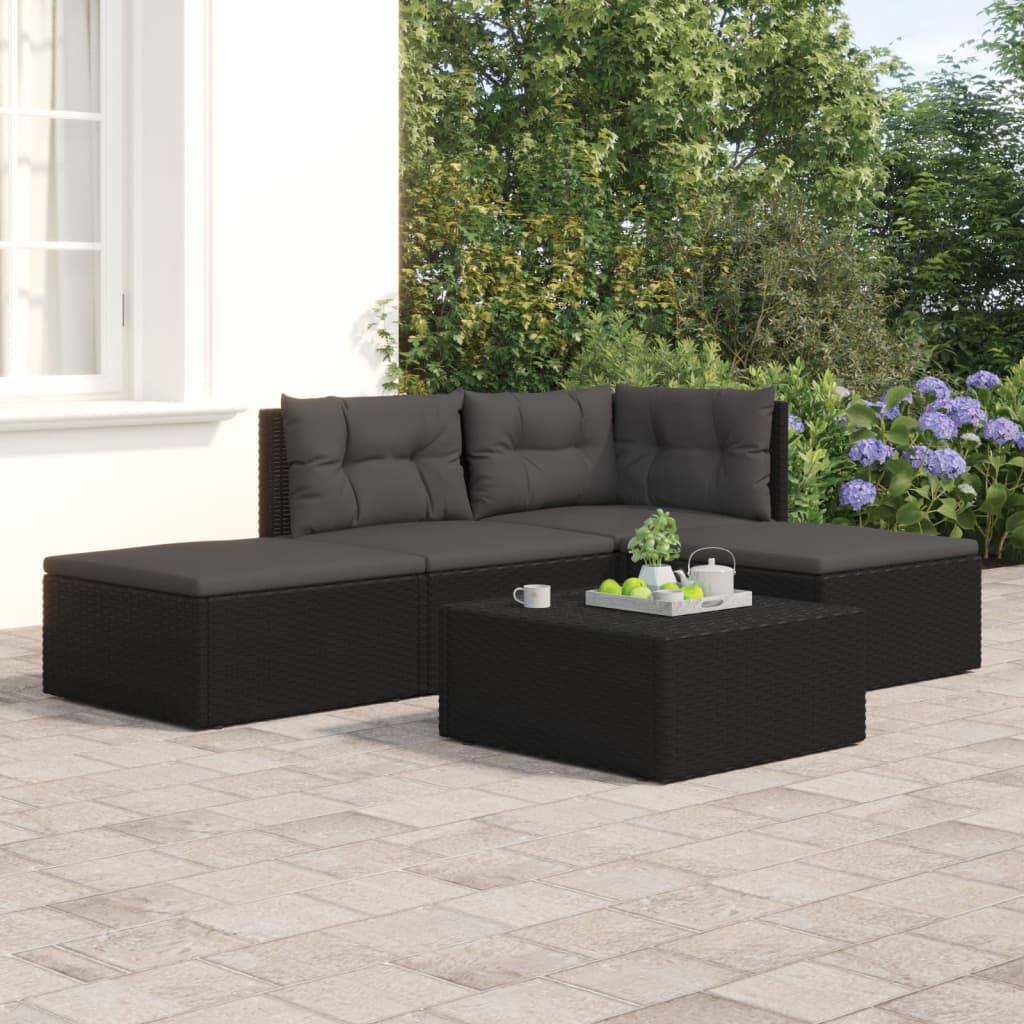 vidaXL 4 Piece Patio Lounge Set with Cushions Black Poly Rattan-0