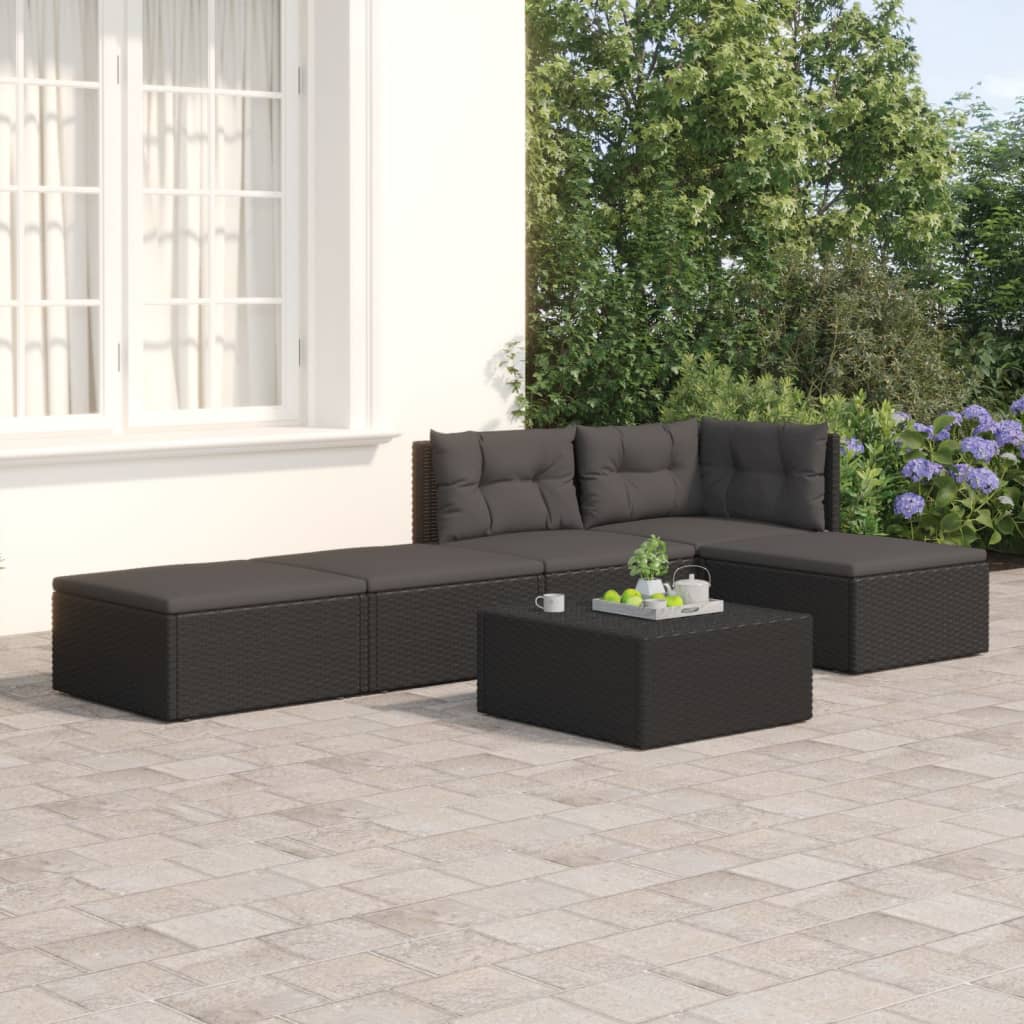 vidaXL 5 Piece Patio Lounge Set with Cushions Black Poly Rattan-0