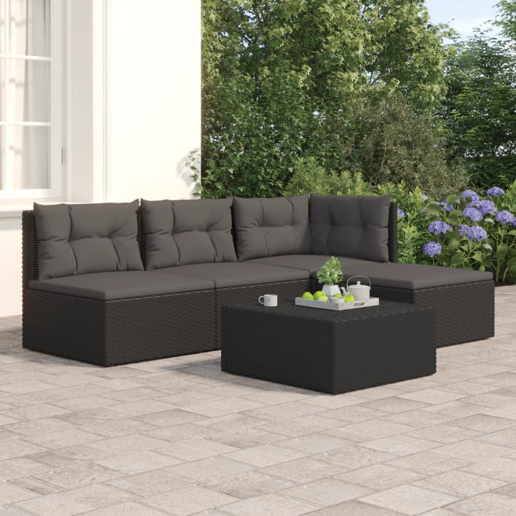 vidaXL 4 Piece Patio Lounge Set with Cushions Black Poly Rattan-0