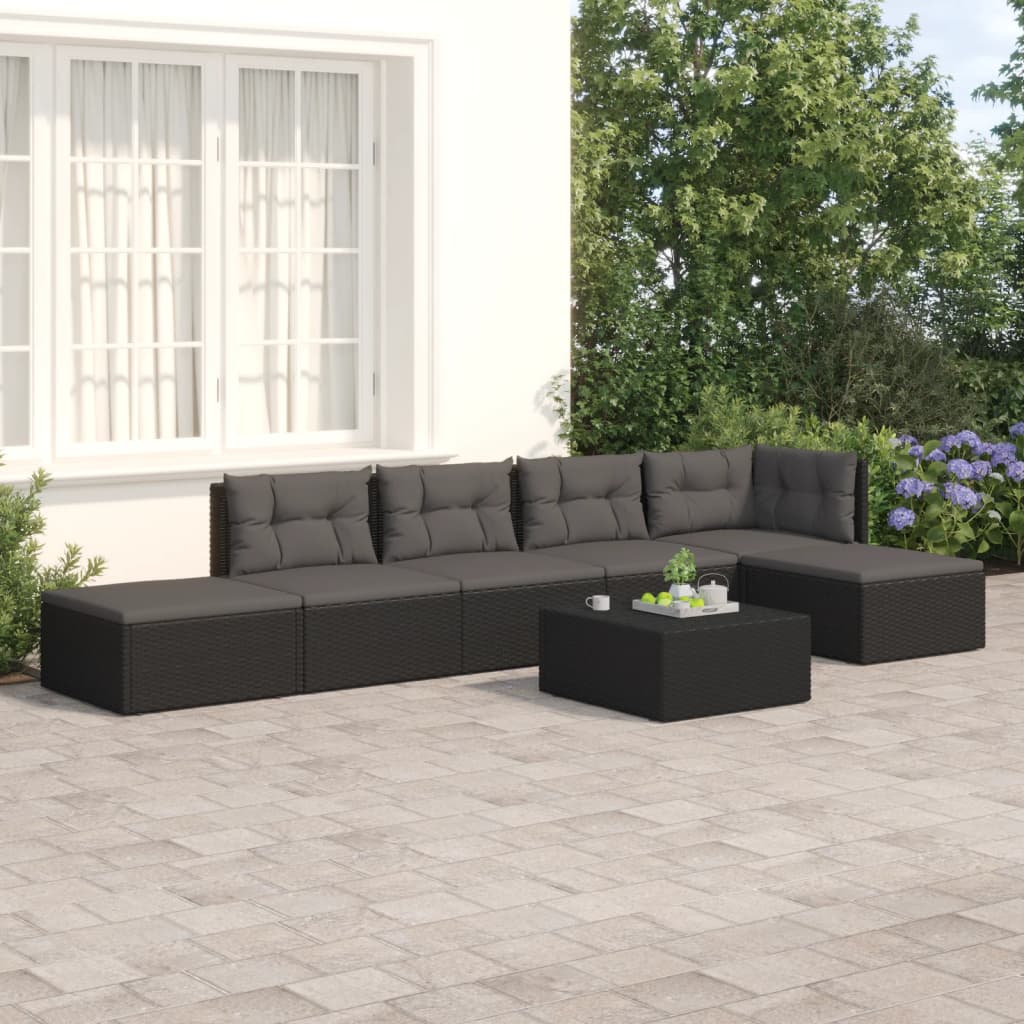 vidaXL 6 Piece Patio Lounge Set with Cushions Black Poly Rattan-0