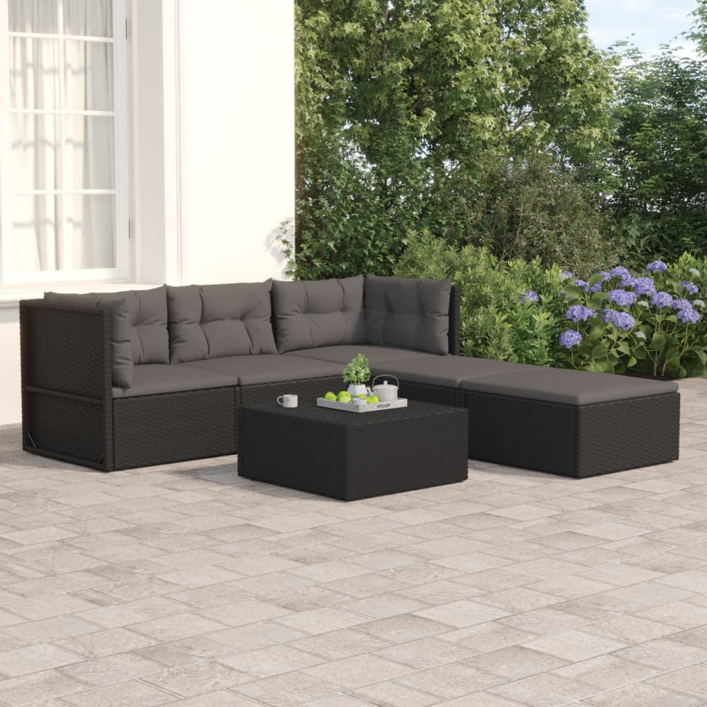 vidaXL 5 Piece Patio Lounge Set with Cushions Black Poly Rattan-0