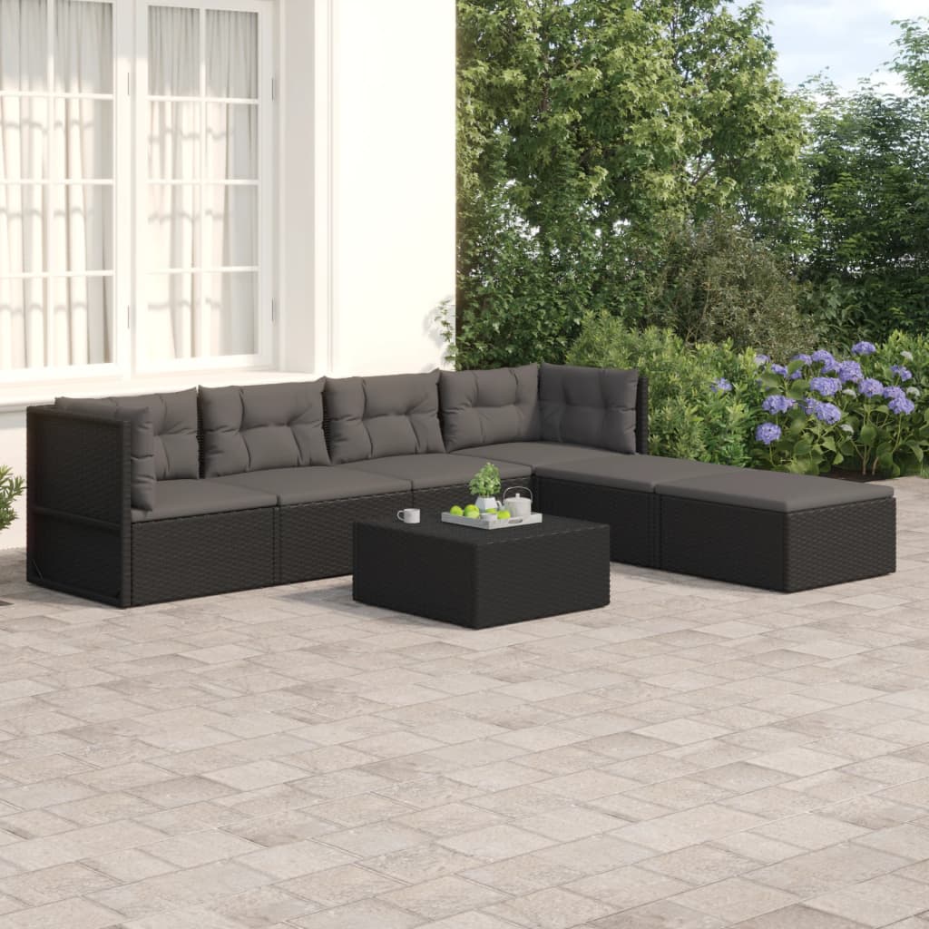 vidaXL 6 Piece Patio Lounge Set with Cushions Black Poly Rattan-0