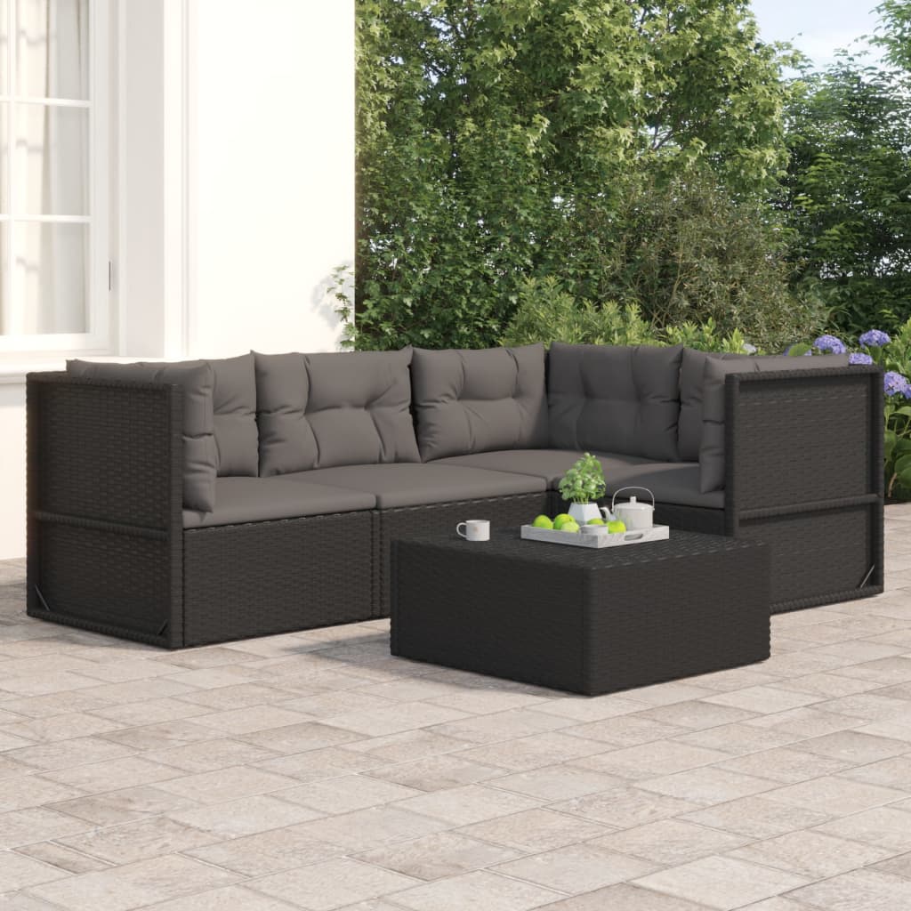 vidaXL 4 Piece Patio Lounge Set with Cushions Black Poly Rattan-0