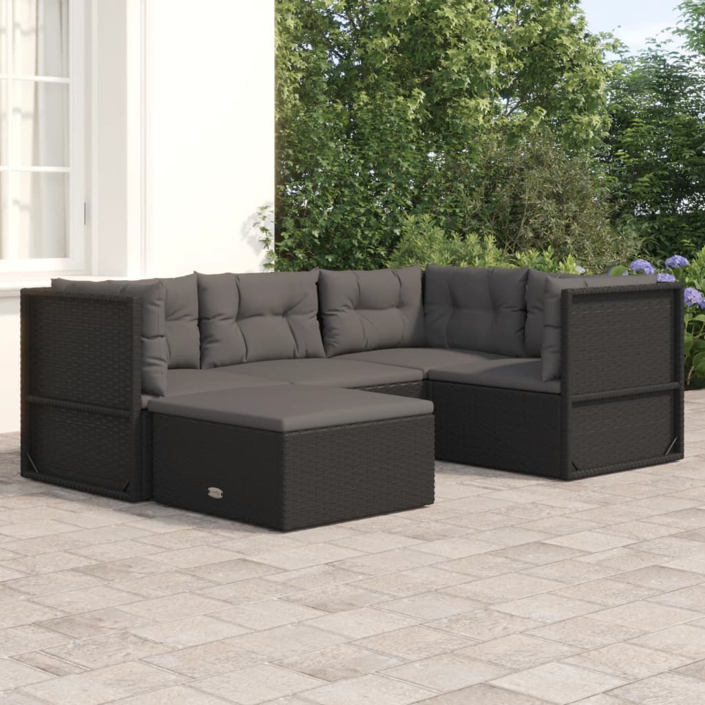 vidaXL 5 Piece Patio Lounge Set with Cushions Black Poly Rattan-0