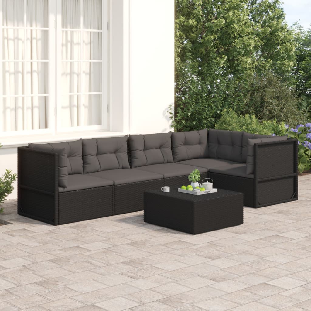 vidaXL 5 Piece Patio Lounge Set with Cushions Black Poly Rattan-0