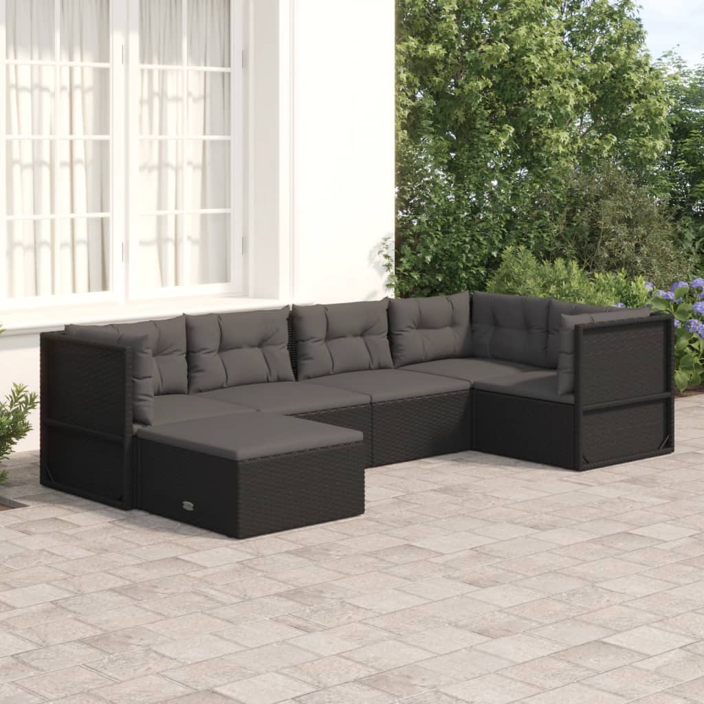 vidaXL 6 Piece Patio Lounge Set with Cushions Black Poly Rattan-0