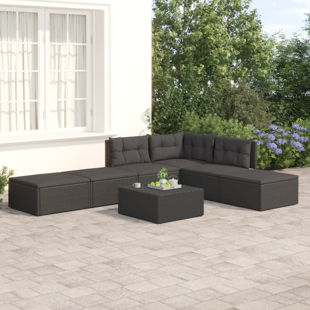 vidaXL 6 Piece Patio Lounge Set with Cushions Black Poly Rattan-0