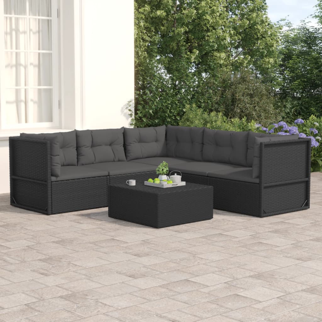 vidaXL 5 Piece Patio Lounge Set with Cushions Black Poly Rattan-0