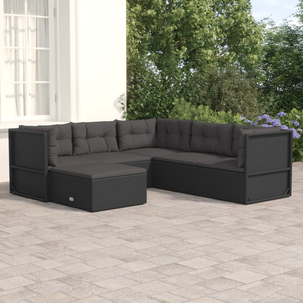 vidaXL 6 Piece Patio Lounge Set with Cushions Black Poly Rattan-0