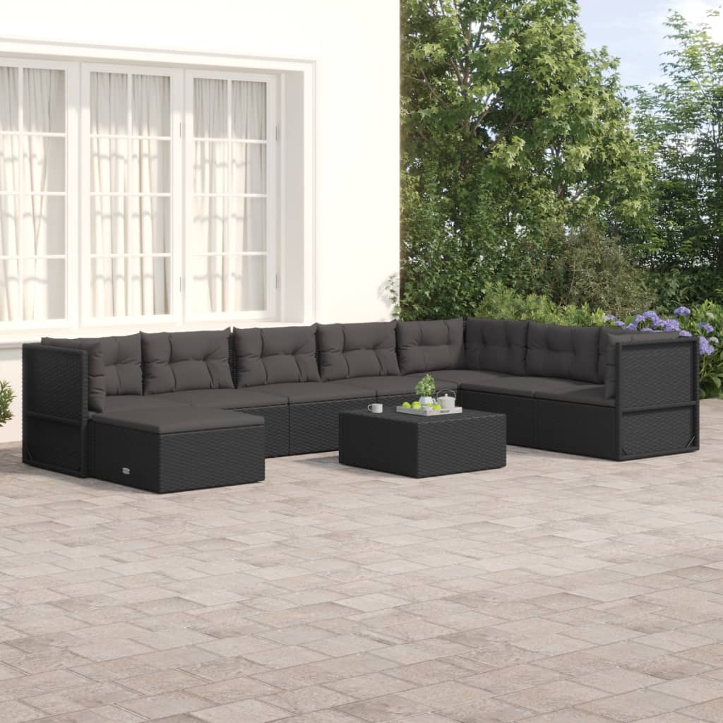 vidaXL 8 Piece Patio Lounge Set with Cushions Black Poly Rattan-0