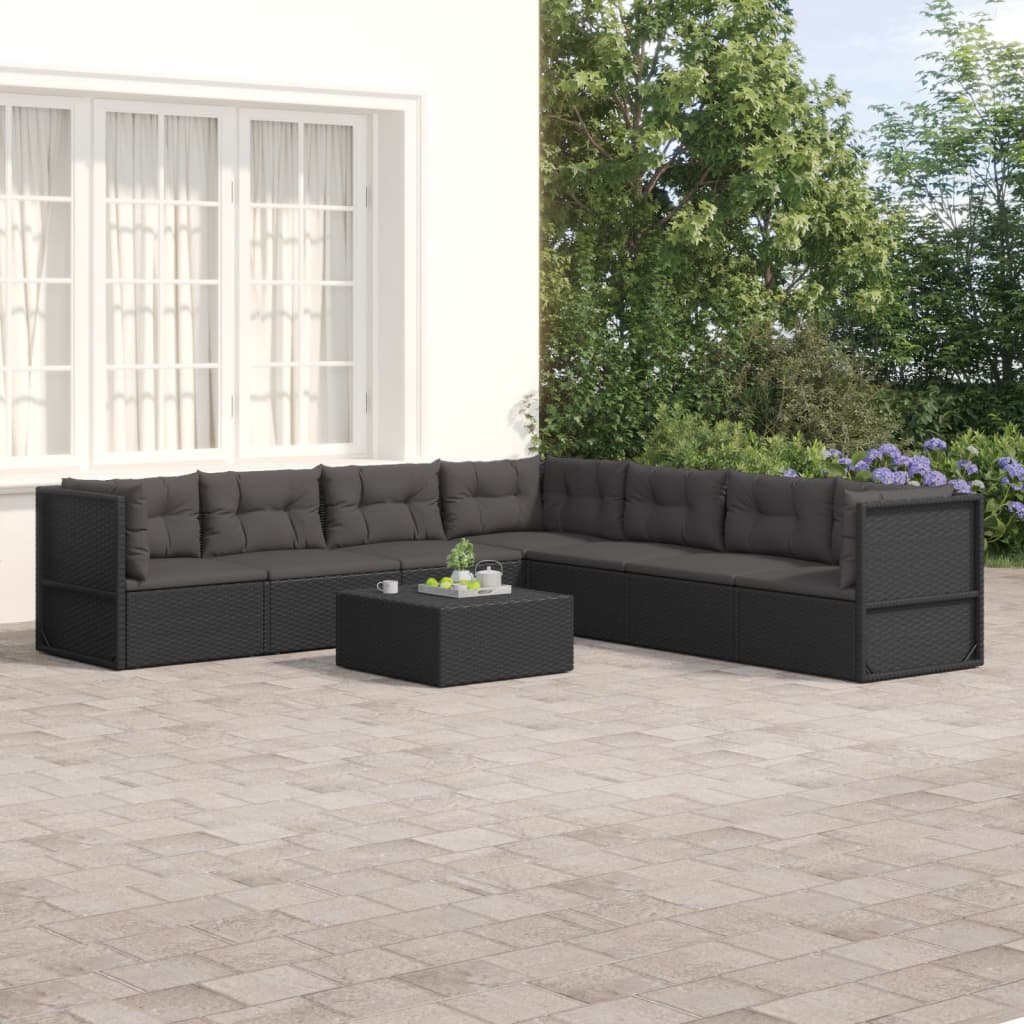 vidaXL 7 Piece Patio Lounge Set with Cushions Black Poly Rattan-0