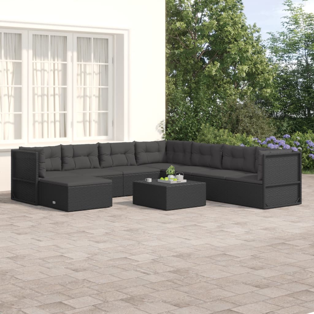 vidaXL 8 Piece Patio Lounge Set with Cushions Black Poly Rattan-0