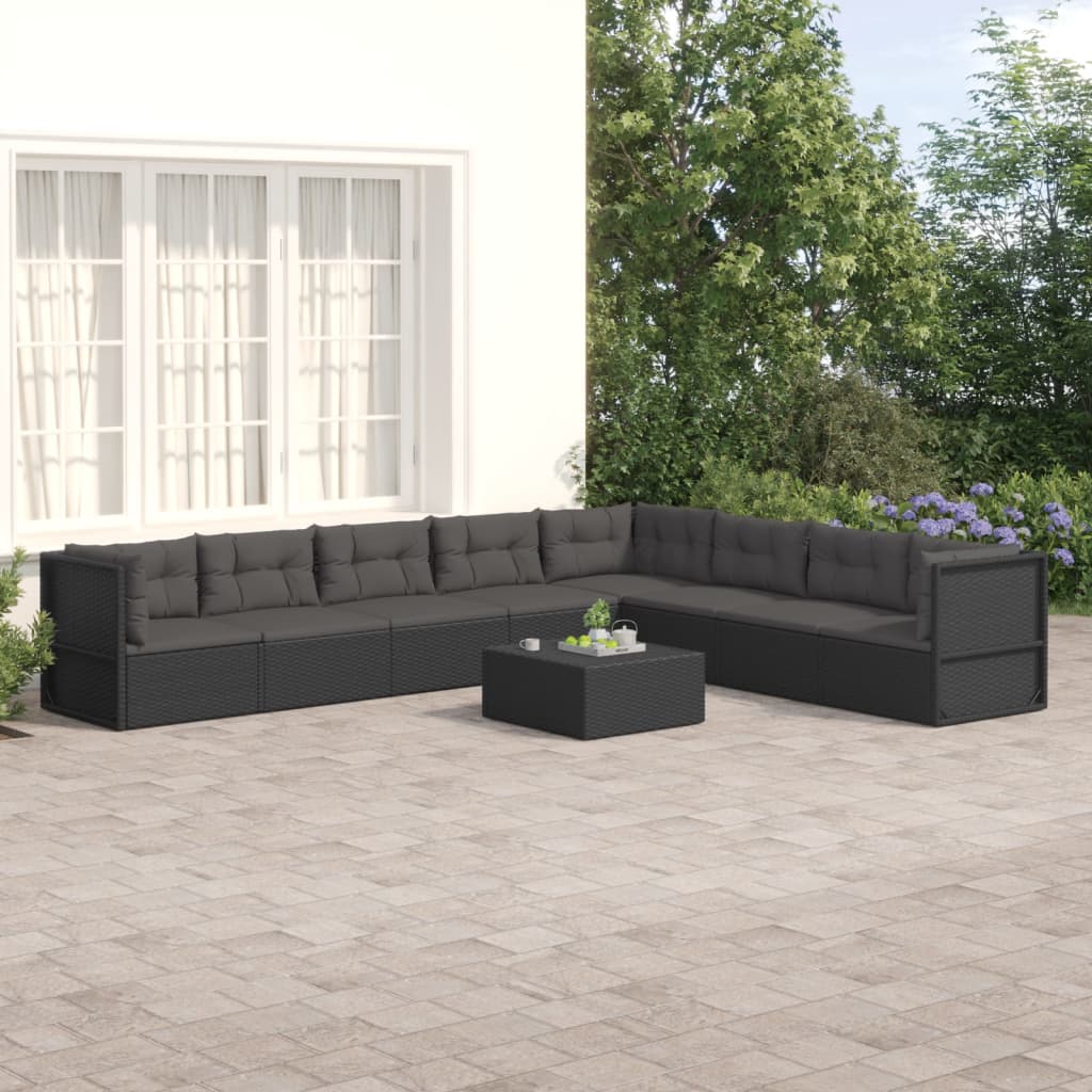 vidaXL 8 Piece Patio Lounge Set with Cushions Black Poly Rattan-0