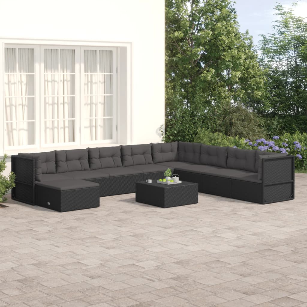 vidaXL 9 Piece Patio Lounge Set with Cushions Black Poly Rattan-0